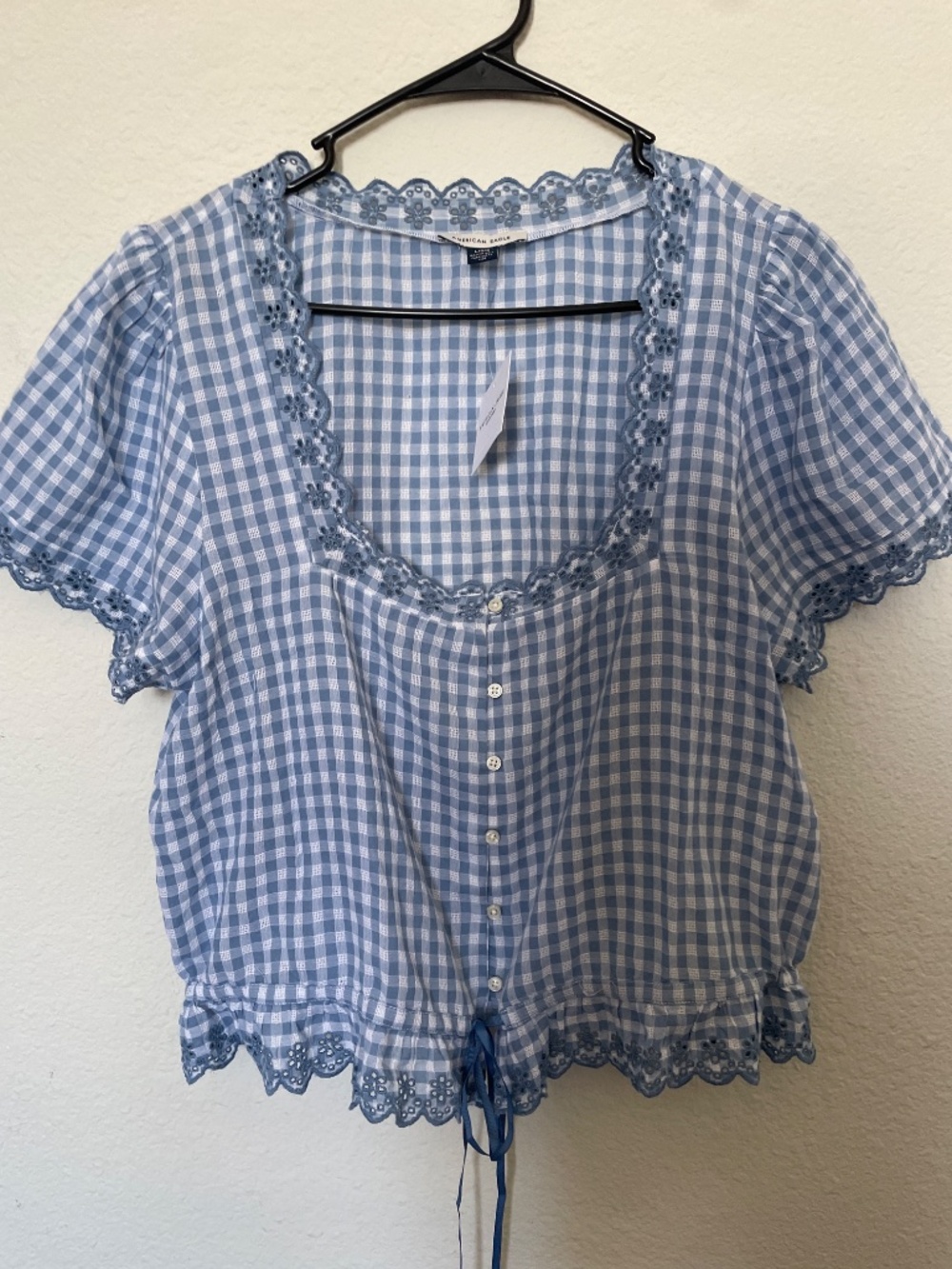 New with tags American eagle blue checkered button top embroidered size Large - Picture 5 of 5